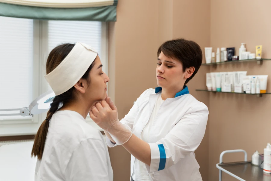 Chiropractor examining patient's neck and jaw for TMJ pain relief.