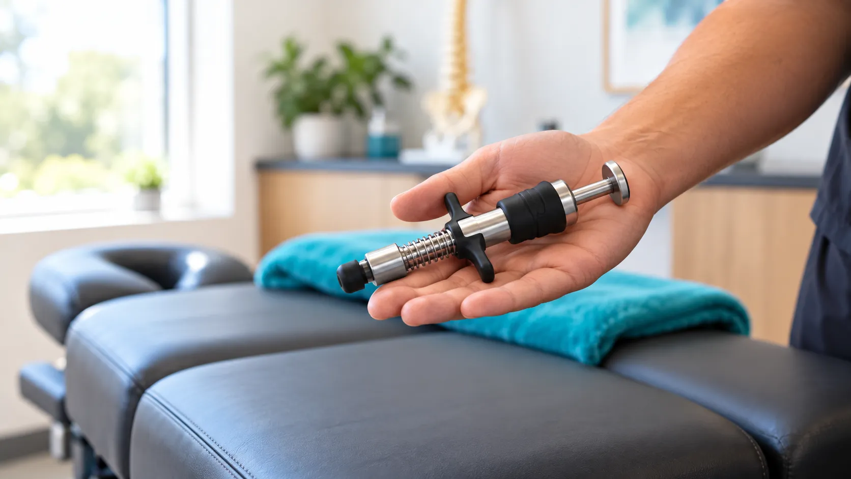 Small handheld Activator adjusting instrument held above a padded treatment table
